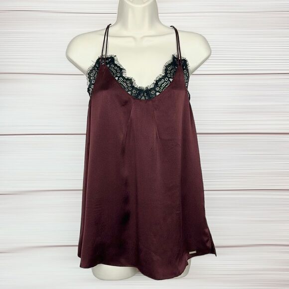 NWT NEW Armani Exchange Burgundy Silk Black Lace Cami Spaghetti Straps Top S - Picture 2 of 16